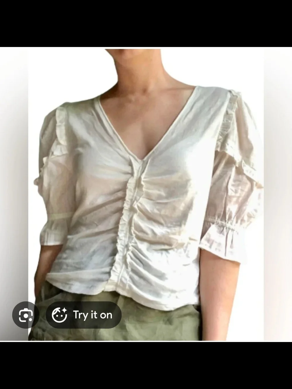 Anthropologie Dreamy Ruched Cream Ruffle Top. 100% Cotton. Size XS